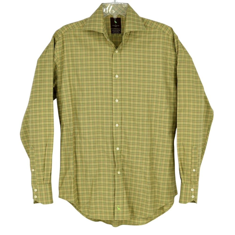 Tailorbyrd Men Medium Shirt Long Sleeve Button Down Pea Green Plaid 2-Ply Cotton